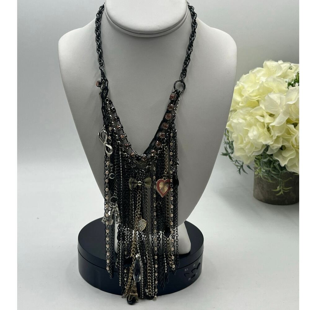 Black and Silver Rhinestone Bib Dangling Chain Charmsโ Fringe Statement Necklace